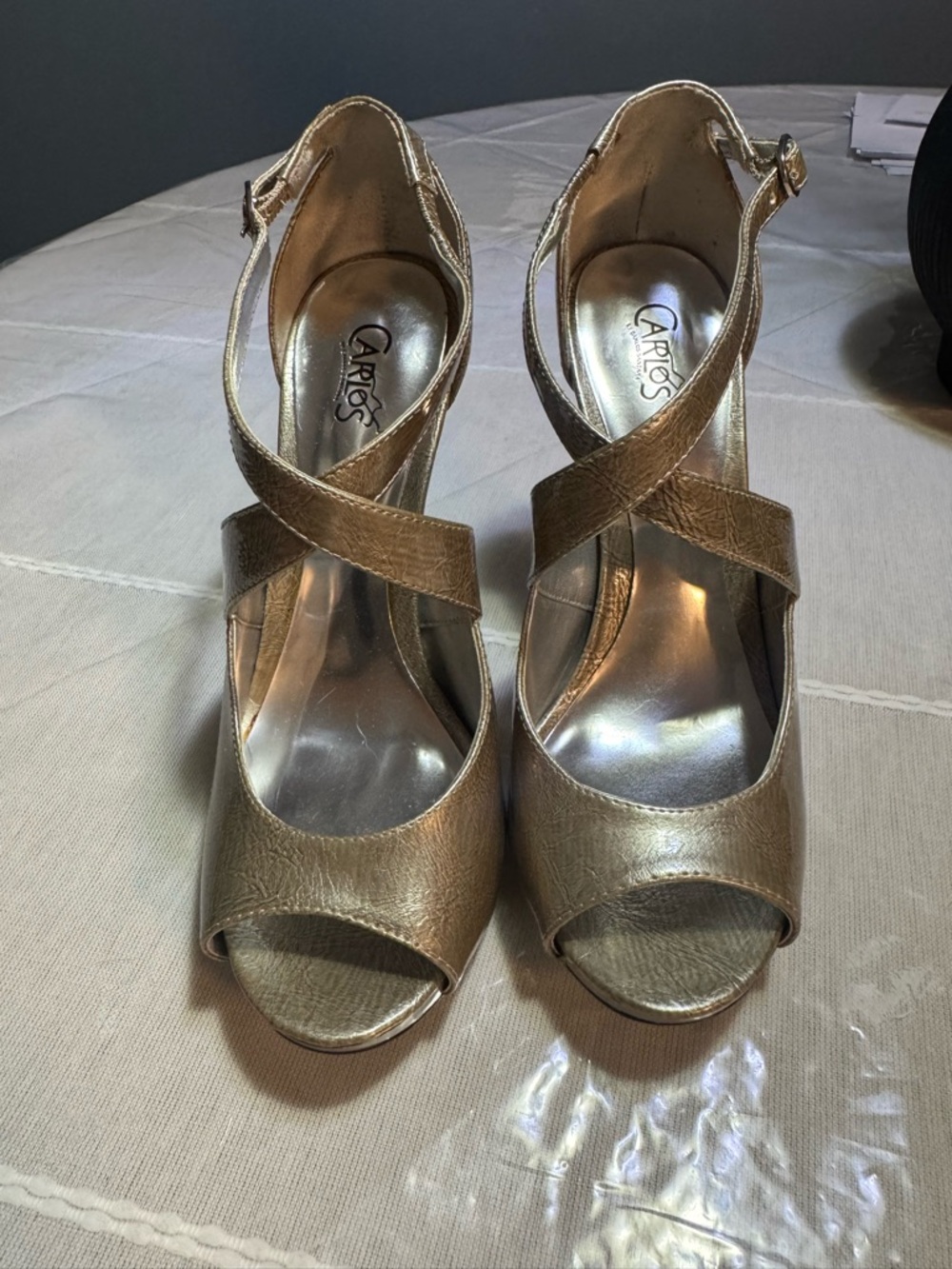 Carlos Santana Gold Metallic Cross-Strap Peep-Toe Heels